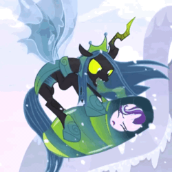 Size: 320x320 | Tagged: safe, screencap, queen chrysalis, starlight glimmer, changeling, changeling queen, pony, unicorn, g4, the ending of the end, animated, bondage, changeling slime, cocoon, cocooning, cropped, duo, female, gif, glimmerbuse, loop, mare, snow, snowfall, spinning, ultimate chrysalis, you spin me right round