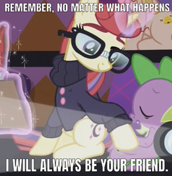Size: 640x652 | Tagged: safe, edit, edited screencap, editor:undeadponysoldier, screencap, moondancer, spike, dragon, pony, unicorn, g4, the cutie re-mark, best friends forever, best friends until the end of time, caption, clipboard, clothes, cropped, cute, daaaaaaaaaaaw, female, glasses, glowing horn, horn, image macro, magic, male, mare, projector, quill, spikabetes, spikelove, sweater, telekinesis, text