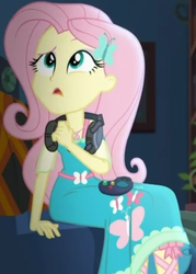 Size: 686x958 | Tagged: safe, screencap, fluttershy, costume conundrum, equestria girls, g4, my little pony equestria girls: choose your own ending, controller, couch, cropped, cute, female, geode of fauna, headset, headset mic, looking up, magical geodes, sitting, solo, sunset's apartment, thinking