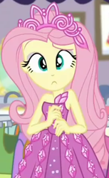 Size: 579x944 | Tagged: safe, screencap, fluttershy, costume conundrum, costume conundrum: rarity, equestria girls, g4, my little pony equestria girls: choose your own ending, bare shoulders, clothes, confluttershy, confused, cropped, cute, dress, female, jewelry, looking at you, princess fluttershy, raised eyebrow, rarity's bedroom, seriously, shyabetes, sleeveless, strapless, tiara