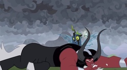 Size: 1466x809 | Tagged: safe, screencap, lord tirek, queen chrysalis, g4, the ending of the end, leak, broken tooth, grogar's bell, tooth, ultimate chrysalis