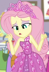 Size: 616x896 | Tagged: safe, screencap, fluttershy, costume conundrum, equestria girls, equestria girls series, g4, spoiler:choose your own ending (season 2), spoiler:eqg series (season 2), bare shoulders, clothes, costume conundrum: rarity, cropped, cute, dress, female, jewelry, looking down, princess fluttershy, rarity's bedroom, seriously, sleeveless, solo, tiara