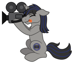 Size: 960x832 | Tagged: safe, artist:showtimeandcoal, oc, oc only, oc:film-shot, pony, unicorn, camera, commission, digital art, film, filming, male, ponysona, simple background, solo, stallion, tongue out, transparent background, upright, vector