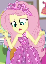 Size: 652x900 | Tagged: safe, screencap, fluttershy, costume conundrum, equestria girls, equestria girls series, g4, spoiler:choose your own ending (season 2), spoiler:eqg series (season 2), bare shoulders, clothes, costume conundrum: rarity, cropped, dress, female, jewelry, looking down, princess fluttershy, rarity's bedroom, seriously, sleeveless, strapless, tiara, you made this for yourself?
