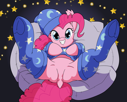 Size: 10000x8000 | Tagged: safe, artist:chedx, pinkie pie, earth pony, pony, g4, bed, dock, fanart, featureless crotch, female, frog (hoof), hoofbutt, legs in air, lying down, lying on bed, mare, on back, pillow, simple background, transparent background, underhoof