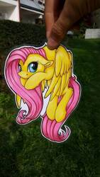Size: 670x1192 | Tagged: safe, artist:julunis14, fluttershy, pegasus, pony, g4, female, floppy ears, hand, holding a pony, irl, laminated, mare, photo, scruff, solo, three quarter view, traditional art, wings