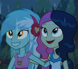 Size: 1220x1080 | Tagged: safe, screencap, bon bon, lyra heartstrings, sweetie drops, equestria girls, g4, let it rain, my little pony equestria girls: better together, adorabon, background human, beautiful, cropped, cute, female, hand on shoulder, happy, lyrabetes, rain, shipping fuel, wet hair