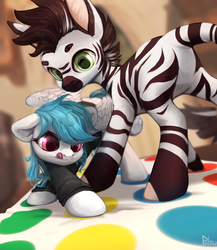Size: 2000x2300 | Tagged: safe, artist:graypillow, oc, oc only, oc:summer brisk, unnamed oc, pegasus, pony, zebra, butt, duo, high res, plot, tongue out, twister, zebra oc