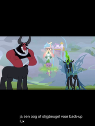 Size: 1536x2048 | Tagged: safe, edit, edited screencap, screencap, cozy glow, lord tirek, queen chrysalis, spike, alicorn, centaur, changeling, changeling queen, dragon, pony, g4, the ending of the end, leak, abuse, cozycorn, female, poor spike, race swap, spikeabuse, spoiler, ultimate chrysalis, winged spike, wings