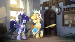 Size: 1920x1080 | Tagged: safe, artist:redchetgreen, oc, oc:stardust halcyon, oc:starforge solare, pony, unicorn, armor, arrow, bow (weapon), bow and arrow, eyes closed, halo, laughing, sword, weapon