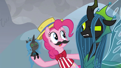 Size: 1920x1080 | Tagged: safe, screencap, pinkie pie, queen chrysalis, g4, the ending of the end, leak, bowtie, doll, fake moustache, female, toy, ultimate chrysalis