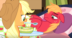 Size: 1234x651 | Tagged: safe, screencap, applejack, big macintosh, earth pony, pony, g4, growing up is hard to do, bags under eyes, couch, duo, female, floppy ears, food, hat, male, mare, messy mane, mouth hold, sick, soup, spoon, stallion
