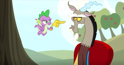 Size: 1237x646 | Tagged: safe, screencap, discord, spike, draconequus, dragon, g4, the big mac question, finger, hand, pointing, smug, winged spike, wings