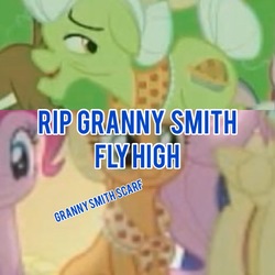 Size: 828x828 | Tagged: safe, edit, edited screencap, screencap, applejack, fluttershy, granny smith, pinkie pie, winona, dog, earth pony, pegasus, pony, g4, the last problem, clothes, female, filly, granny smith's shawl, looking at you, mare, mortality blues, rest in peace, smiling, younger