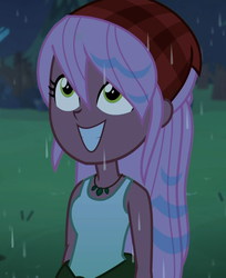 Size: 880x1080 | Tagged: safe, screencap, raspberry lilac, equestria girls, g4, let it rain, my little pony equestria girls: better together, bandana, clothes, cropped, cute, female, jewelry, necklace, outdoors, rain, sleeveless, smiling, tank top, wet, wet hair
