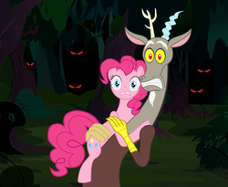 Size: 2536x2080 | Tagged: safe, discord, pinkie pie, g4, afraid of the dark, dark forest, eyes in the dark, female, forest, frightened, glowing eyes, high res, looking at you, male, red eyes, scared, scary, ship:discopie, shipping, spooky, straight