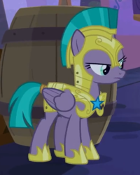 Size: 384x479 | Tagged: safe, screencap, queen chrysalis, vanguard cover, pegasus, pony, g4, the summer sun setback, annoyed, armor, barrel, cropped, disguise, disguised changeling, female, guardsmare, helmet, hoof shoes, mare, pegasus royal guard, royal guard, solo, tail wrap