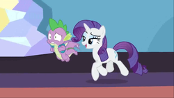 Size: 1125x633 | Tagged: safe, screencap, rarity, spike, dragon, pony, unicorn, dragon dropped, g4, female, male, mare, trotting, twilight's castle, winged spike, wings, worried