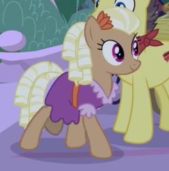 Size: 802x807 | Tagged: safe, screencap, bandana baldwin, high stakes, prairie belle, earth pony, pony, g4, the summer sun setback, appleloosa resident, background pony, clothes, cropped, dress, duo, female, male, mare, ringlets, smiling, solo focus, stallion, walking
