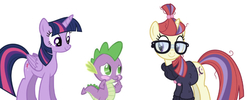 Size: 657x264 | Tagged: artist needed, safe, artist:superelectrogirl98, editor:undeadponysoldier, moondancer, spike, twilight sparkle, alicorn, dragon, pony, unicorn, g4, blushing, cute, female, glasses, happy, male, mare, ship:spikedancer, ship:twispike, shipping, simple background, spike gets all the mares, spikelove, straight, twilight sparkle (alicorn), vector used, white background