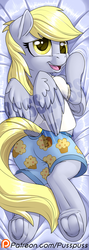 Size: 427x1200 | Tagged: safe, artist:pusspuss, derpy hooves, pegasus, pony, g4, body pillow, boxers, clothes, dock, female, frog (hoof), human shoulders, mare, obtrusive watermark, patreon, patreon logo, smiling, solo, underhoof, underwear, watermark