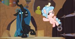Size: 1234x646 | Tagged: safe, screencap, cozy glow, queen chrysalis, changeling, changeling queen, pegasus, pony, g4, the ending of the end, leak, belly, duo, duo female, female, filly, flying, smiling, smirk