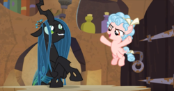 Size: 1234x648 | Tagged: safe, screencap, cozy glow, queen chrysalis, changeling, pegasus, pony, g4, the ending of the end, leak, belly, female, filly, flying, smiling, smirk