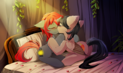 Size: 1600x960 | Tagged: safe, artist:skyeypony, oc, oc only, oc:quillwright, oc:willow wisp, pegasus, pony, unicorn, fallout equestria, bed, blushing, butt, duo, fallout equestria: of shadows, female, kissing, lesbian, plot, shipping