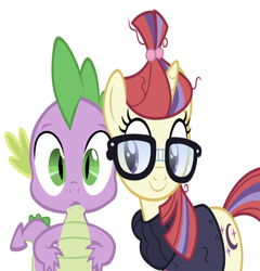 Size: 653x679 | Tagged: artist needed, safe, editor:undeadponysoldier, moondancer, spike, dragon, pony, unicorn, g4, blushing, confused, cute, female, glasses, happy, male, mare, ship:spikedancer, shipping, simple background, spikelove, straight, vector used, white background