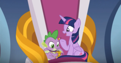 Size: 1235x640 | Tagged: safe, screencap, spike, twilight sparkle, alicorn, dragon, pony, g4, the ending of the end, leak, female, male, medal, throne, twilight sparkle (alicorn), winged spike, wings