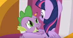 Size: 1234x646 | Tagged: safe, screencap, spike, twilight sparkle, alicorn, dragon, pony, g4, the ending of the end, leak, crying, cute, hug, medal, sparkle siblings, spikabetes, tears of joy, twilight sparkle (alicorn), winged spike, wings