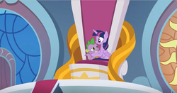 Size: 1234x646 | Tagged: safe, screencap, spike, twilight sparkle, alicorn, dragon, pony, g4, the ending of the end, leak, hug, sparkle siblings, throne, twilight sparkle (alicorn), winged spike, wings