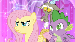 Size: 1011x568 | Tagged: safe, screencap, discord, fluttershy, spike, draconequus, dragon, pegasus, pony, g4, the ending of the end, leak, female, magic, magic bubble, male, mare, ready to fight, winged spike, wings
