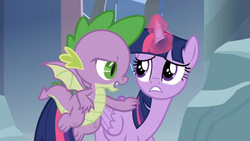 Size: 1004x567 | Tagged: safe, screencap, spike, twilight sparkle, alicorn, dragon, pony, g4, the ending of the end, leak, claw, flying, narrow eyes, twilight sparkle (alicorn), winged spike, wings