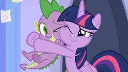 Size: 1920x1080 | Tagged: safe, screencap, spike, twilight sparkle, alicorn, dragon, pony, g4, season 9, the ending of the end, best friends, cheek squish, cute, daaaaaaaaaaaw, duo, duo male and female, female, holding a dragon, holding a spike, hug, male, mare, one eye closed, spikabetes, spikelove, squishy cheeks, twiabetes, twilight sparkle (alicorn), winged spike, wings, wink