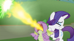 Size: 1009x565 | Tagged: safe, screencap, rarity, spike, dragon, g4, the ending of the end, leak, fire, fire blast, fire breath, male, winged spike, wings