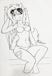 Size: 1960x2832 | Tagged: safe, artist:punk-pegasus, oc, oc only, oc:naveen numbers, pegasus, anthro, bikini, clothes, female, monochrome, solo, sunglasses, swimming pool, swimsuit, traditional art