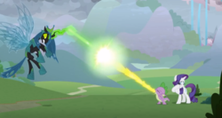 Size: 1005x536 | Tagged: safe, screencap, queen chrysalis, rarity, spike, changeling, dragon, pony, unicorn, g4, the ending of the end, beam struggle, duel, female, fight, fire, fire blast, magic, male, mare, ultimate chrysalis, winged spike, wings