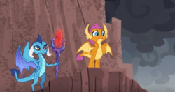 Size: 1004x532 | Tagged: safe, screencap, princess ember, smolder, dragon, g4, the ending of the end, bloodstone scepter, dragon lands, dragoness, duo, female, overcast, pleading