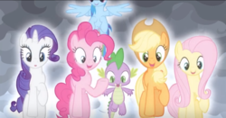 Size: 1013x532 | Tagged: safe, screencap, applejack, fluttershy, pinkie pie, rainbow dash, rarity, spike, dragon, earth pony, pegasus, pony, unicorn, g4, the ending of the end, leak, female, male, mare, smiling, winged spike, wings