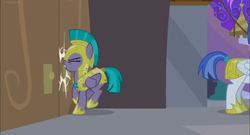 Size: 1366x738 | Tagged: safe, screencap, queen chrysalis, vanguard cover, pegasus, pony, g4, the summer sun setback, armor, bump, disguise, disguised changeling, door, female, guard, guardsmare, male, mare, pegasus royal guard, royal guard, stallion