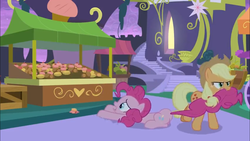 Size: 1366x768 | Tagged: safe, screencap, applejack, pinkie pie, earth pony, pony, g4, the summer sun setback, biting, crate, cupcake, dessert, dragging, food, food stand, heart, mouth hold, pulling, stairs, tail bite, unamused, vendor stall