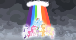 Size: 1009x527 | Tagged: safe, screencap, applejack, fluttershy, pinkie pie, rainbow dash, rarity, spike, dragon, g4, the ending of the end, leak, end of ponies, pony history, the elements in action, winged spike, wings