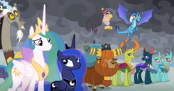Size: 1012x531 | Tagged: safe, screencap, discord, grampa gruff, pharynx, prince rutherford, princess celestia, princess ember, princess luna, thorax, alicorn, changedling, changeling, draconequus, dragon, griffon, pony, yak, g4, the ending of the end, leak, avengers assemble, changedling brothers, cloven hooves, dragoness, female, flying, king thorax, male, mare, prince pharynx