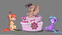 Size: 3500x2000 | Tagged: safe, artist:hitbass, artist:skitsroom, oc, oc only, oc:eleane tih, oc:mayata, oc:rusty gears, earth pony, pegasus, pony, unicorn, angry, cake, chest fluff, collaboration, female, food, gray background, high res, mare, pointy ponies, simple background, smiling, spread wings, trio, wings