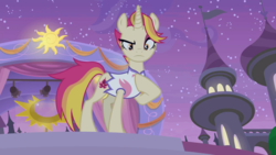 Size: 2880x1620 | Tagged: safe, screencap, fire flare, pony, unicorn, g4, the summer sun setback, clothes, concave belly, female, hoof on chest, mare, night, offended, raised eyebrow, slender, solo, thin