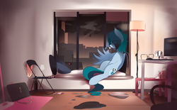 Size: 3236x2006 | Tagged: safe, artist:nevobaster, oc, oc only, oc:delta vee, pegasus, pony, alcohol, alone, chair, cigarette, city, computer, depressed, depressing, female, high res, lamp, mare, night, pillow, sitting, sky, vape, window, wine, wing hold