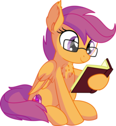 Size: 6168x6706 | Tagged: safe, artist:cyanlightning, scootaloo, pegasus, pony, g4, .svg available, absurd resolution, adorkable, book, chest fluff, cute, cutealoo, dork, ear fluff, female, filly, glasses, meganekko, nerd, nerdaloo, reading, scootanerd, simple background, sitting, smiling, solo, transparent background, vector