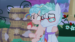 Size: 1366x768 | Tagged: safe, screencap, cozy glow, feather flatterfly, pegasus, pony, g4, the summer sun setback, barrel, card, female, filly, flower, glasses, hoof on shoulder, male, necktie, stallion, this will end in destruction, this will end in tears