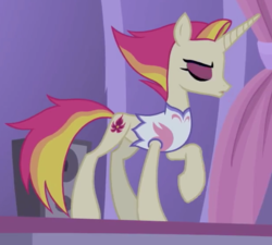 Size: 923x829 | Tagged: safe, screencap, fire flare, pony, unicorn, g4, the summer sun setback, clothes, concave belly, cropped, eyes closed, female, mare, raised hoof, slender, solo, thin